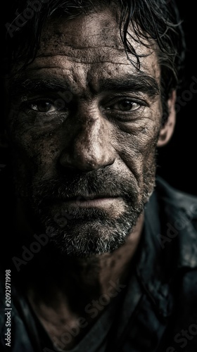 Expressive Portrait of a Weathered Man Capturing Raw Emotions and Life's Struggles