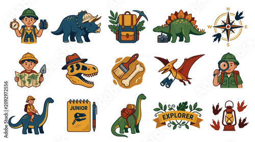 Dinosaur Explorer and Paleontology Flat Cartoon Vector Illustration Set with Kids, Dinosaurs, and Adventure Elements
