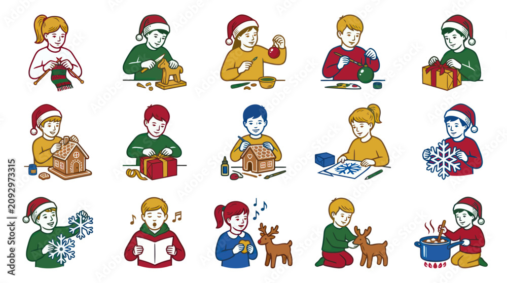 Fototapeta premium Children making Christmas crafts, a festive and heartwarming illustration, flat style