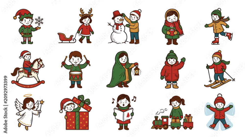Obraz premium Cheerful Hand Drawn Doodle Style Christmas Winter Holiday Children Characters and Activities Illustration Set