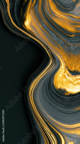 Vertical fluid art with liquid gold swirls in dark charcoal resin.