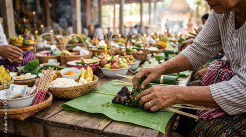 Woman preparing traditional food offerings on banana leaves.