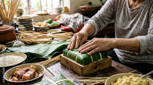 Woman preparing traditional Vietnamese food wrapped in banana leaves.
