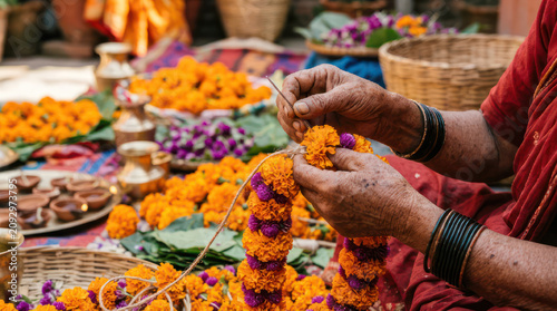 Womans Hands Crafting Marigold Flower Garlands for Festival.