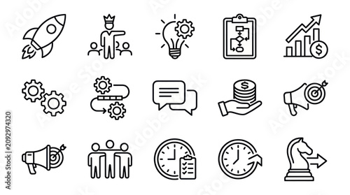 Business strategy and startup leadership line icon collection.