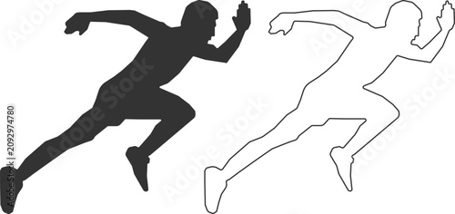 Black silhouette and outline of a man running fast in a dynamic sports action pose isolated on transparent background.