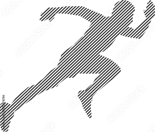 Abstract striped silhouette of a man running fast with a dynamic diagonal line pattern isolated on transparent background.