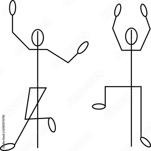 Two stick figures showing different dancing poses and movements in a simple line style isolated on transparent background.