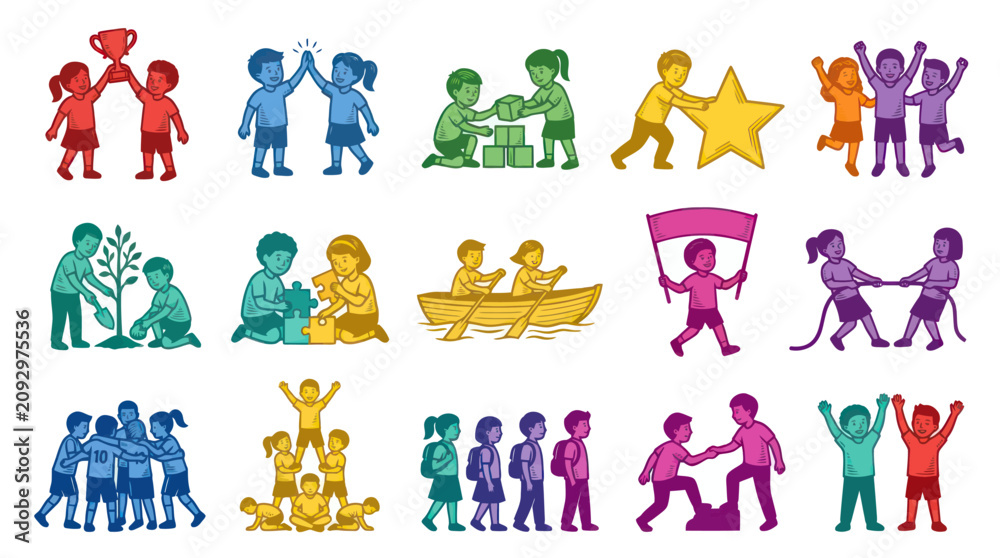 Obraz premium Childhood Teamwork Education Flat Line Art Illustrations. Kids Collaborating, Playing Learning