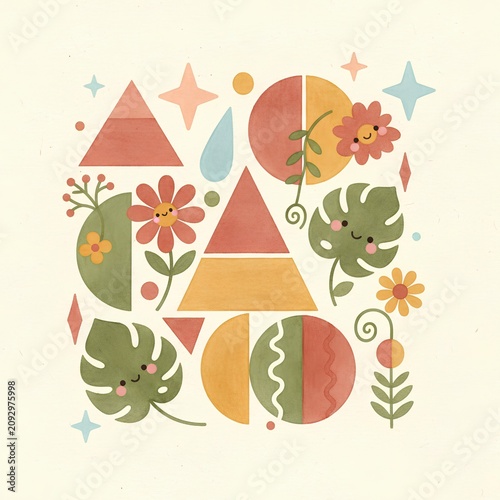 Abstract art piece featuring a harmonious blend of mid-century geometric shapes and botanical elements. Triangles, circles, and semi-circles in warm tones of red, orange, and green.