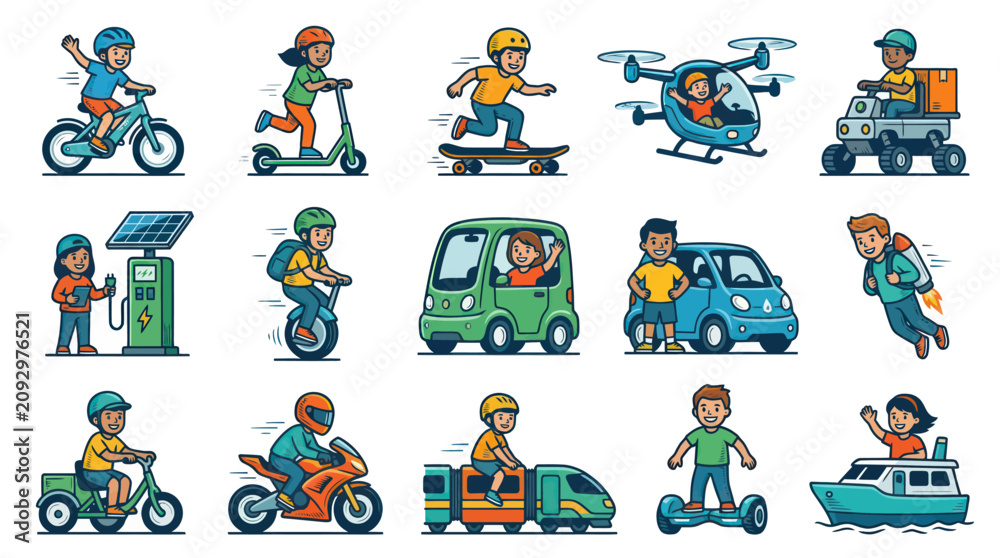 Fototapeta premium Flat Style Vector Icons of People Riding Various Transportation - Eco Friendly