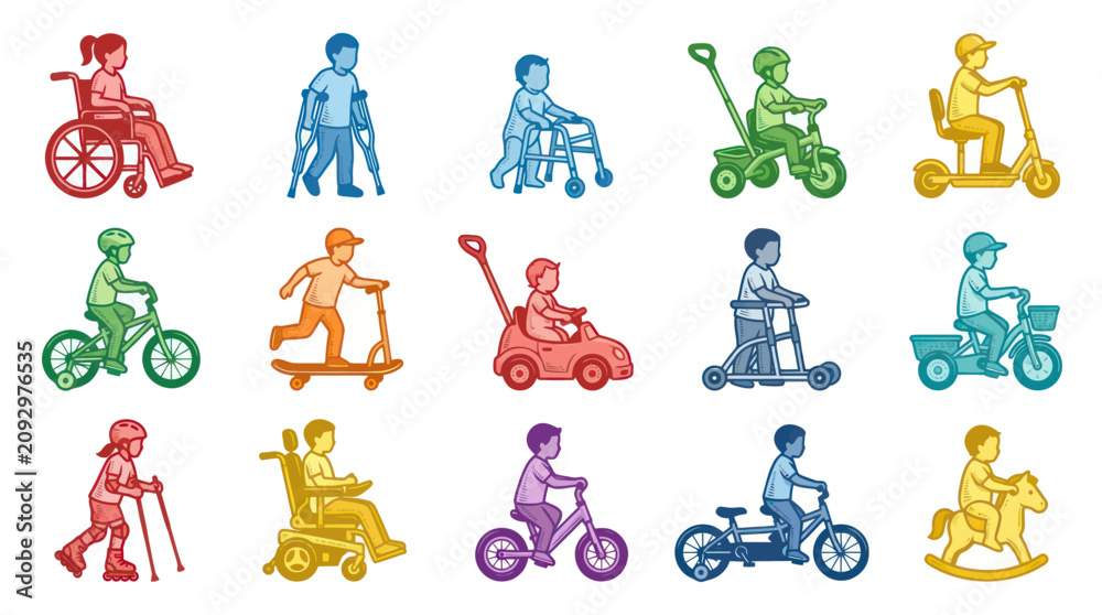 Fototapeta premium Diverse Children with Disabilities Using Adaptive Mobility Aids and Vehicles
