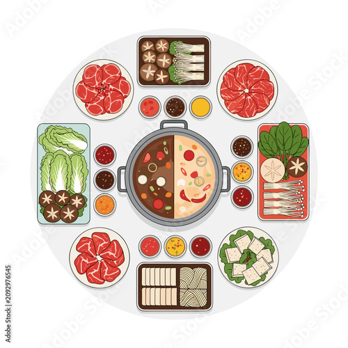 Top View of Hot Pot with Assorted Ingredients
