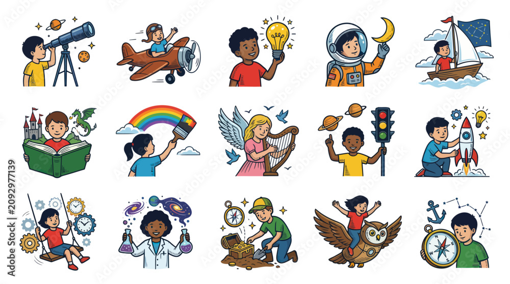 Obraz premium Children's Learning Exploration: Flat Vector Illustrations of Kids Engaged in Science, Art Discovery