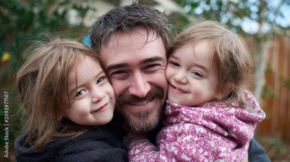 Fototapeta premium Father and daughters smile together outdoors on a sunny day while enjoying each other's company in a backyard setting with greenery and wooden fence in the background