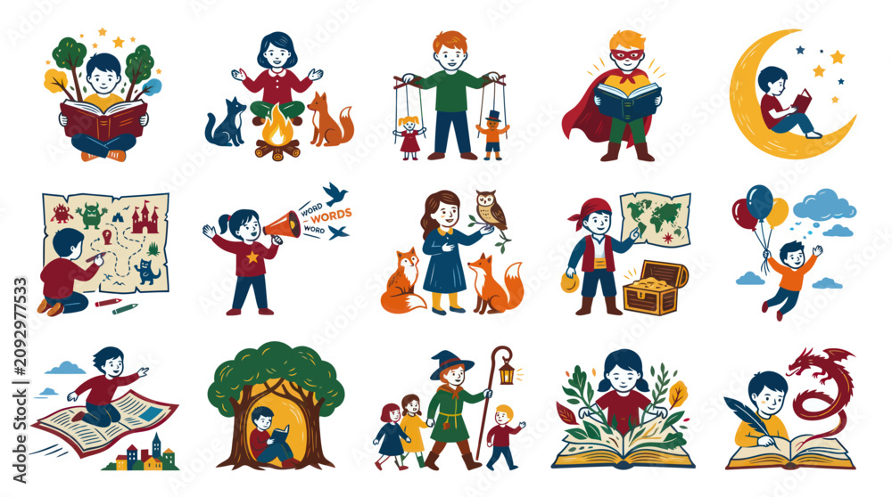 Naklejka premium Flat Illustration: Kids Reading, Learning Storytelling - Childhood Education Imagination Concepts