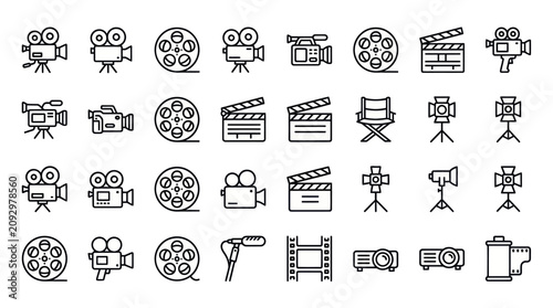 Fotografia Cinema movie production and film industry line icons.