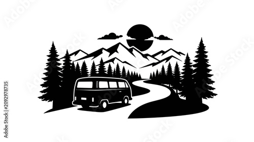 Camper van driving on road through mountain forest.
