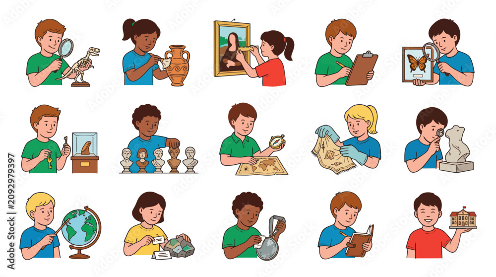 Fototapeta premium Cartoon Vector Illustration of Children Learning History and Archaeology in a Museum Setting