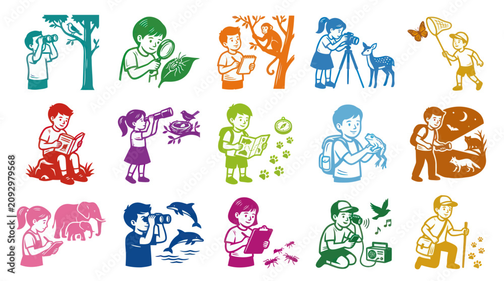 Obraz premium Children Exploring Nature Icons: Kids Observing Wildlife, Insects, Plants, Outdoors