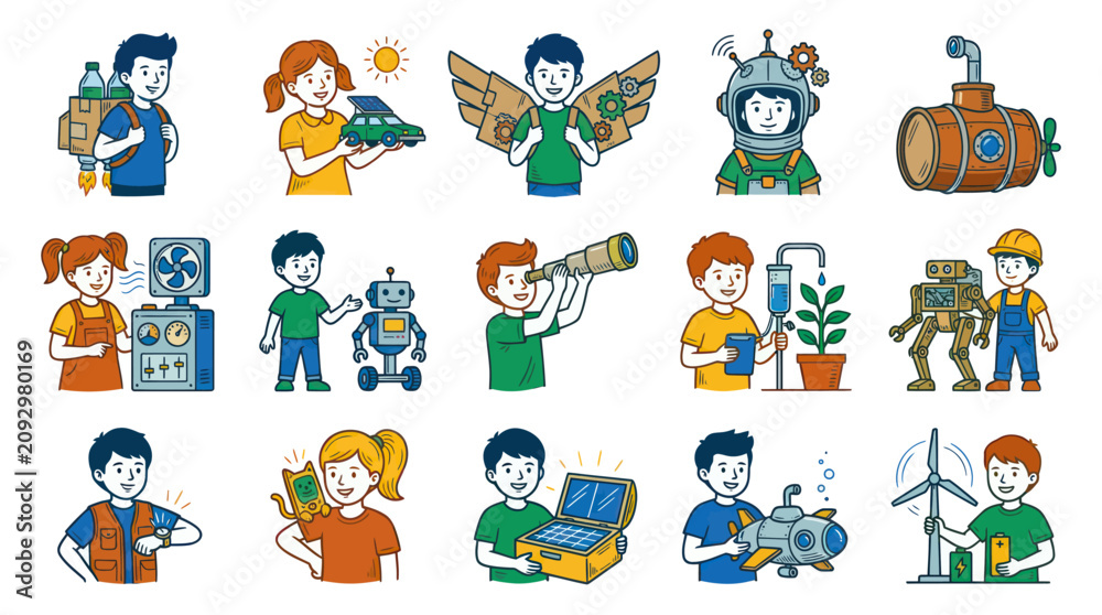 Fototapeta premium Children STEM Education Flat Vector Illustration - Kids Exploring Science, Technology, Engineering, Innovation