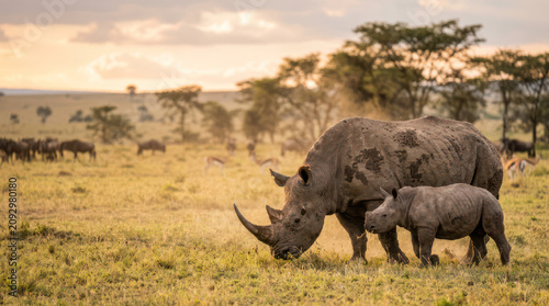 Rhino with Baby Grazing in Grassy Plains Landscape