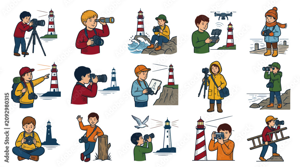 Fototapeta premium Cartoon Kids with Cameras and Lighthouses, Flat Vector Illustration