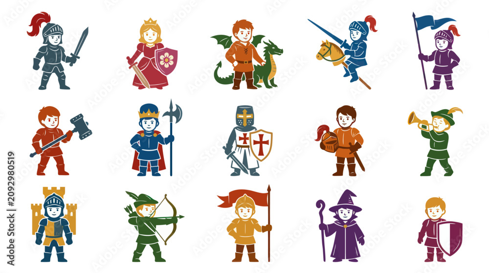 Fototapeta premium Colorful Flat Vector Medieval Fantasy Character Icons Set: Knights, Princesses, Wizards, Heroes