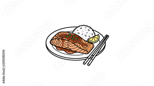 Photography Grilled Salmon with Rice and Lemon.