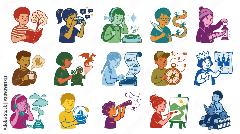 Fototapeta premium Children Hobbies and Learning Activities Vector Illustration. Kids Engaged in Creative and Educational Pastimes.