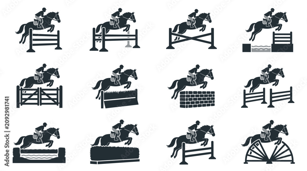 Obraz premium Horse Jumping Over Obstacles Silhouette Icons.