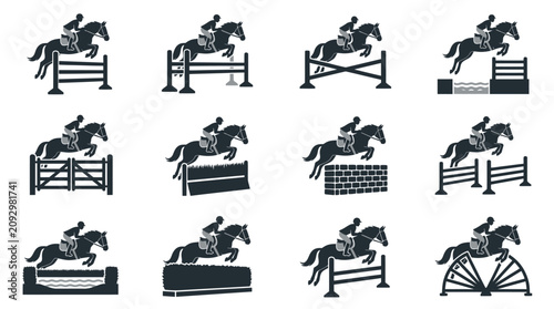 Tableau sur toile Horse Jumping Over Obstacles Silhouette Icons.