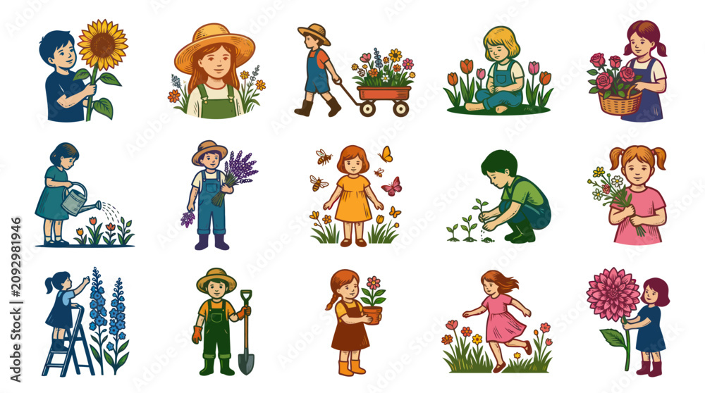 Fototapeta premium Cute Kids Gardening Cartoon Vector Illustration Set. Children Planting, Watering Flowers, and Nature Activities.