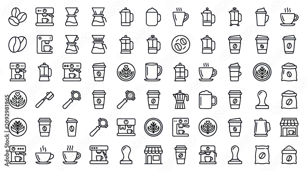 Fototapeta premium Coffee shop and cafe barista equipment icon collection.