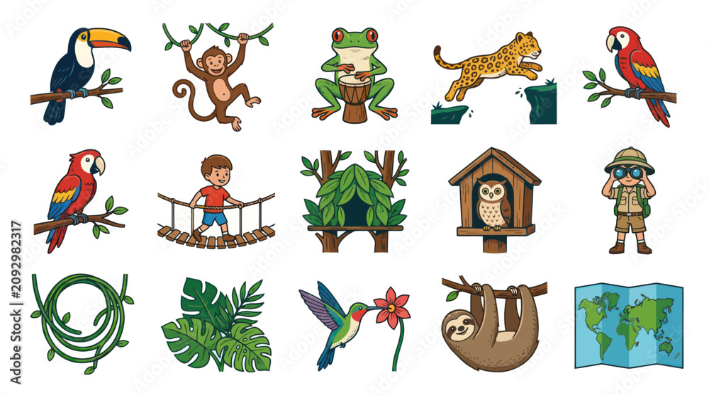 Fototapeta premium Hand-drawn Cartoon Jungle Animals, Rainforest Wildlife, and Adventure Explorer Kid Vector Collection