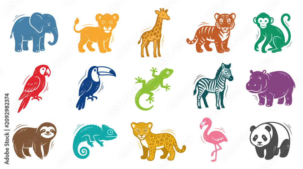 Fototapeta premium Stylized Flat Illustration Set of Exotic Wild Animals with Textured Effect. Nature, Wildlife, and Zoo Graphic Icons.