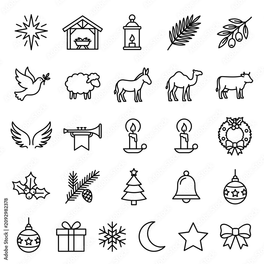 Obraz premium Christmas Nativity Icons Set: Star, Manger, Animals, Wreath, Gifts