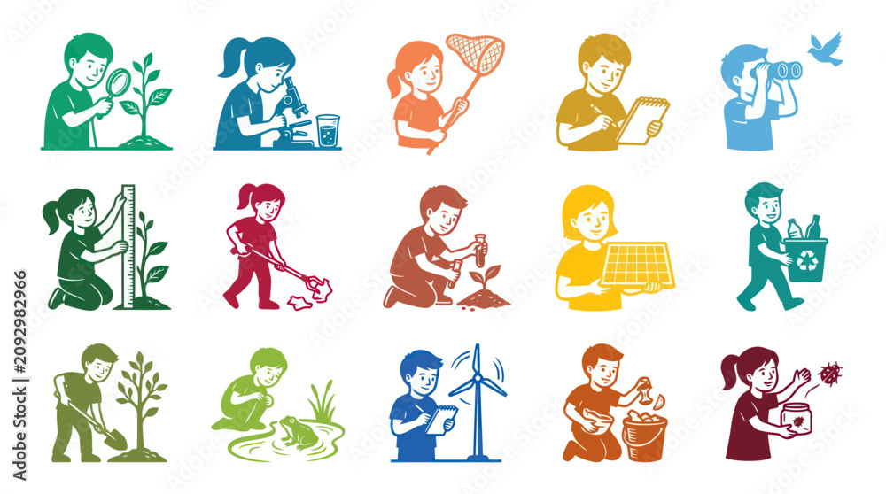 Obraz premium Kids Science and Environment Activities Flat Illustration Set. Children Learning Ecology, Nature, and Sustainability.