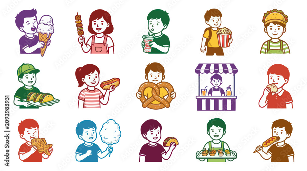 Obraz premium Happy Kids Eating Street Food, Snacks and Treats Vector Illustration. Children Enjoying Festival Foods.