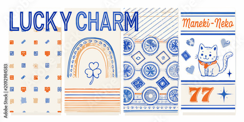 Cuadro en lienzo lucky charm collection with colorful patterns and symbols maneki neko clover rai