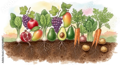 Fresh organic fruits and vegetables growing.