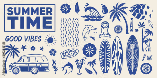 Foto summer time surf and beach illustration with vintage car and tropical elements p