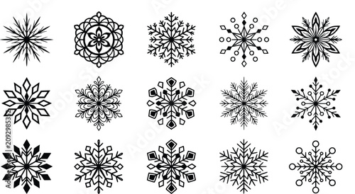 Tableau sur toile Collection of intricate snowflake icons in black and white isolated on a clean b