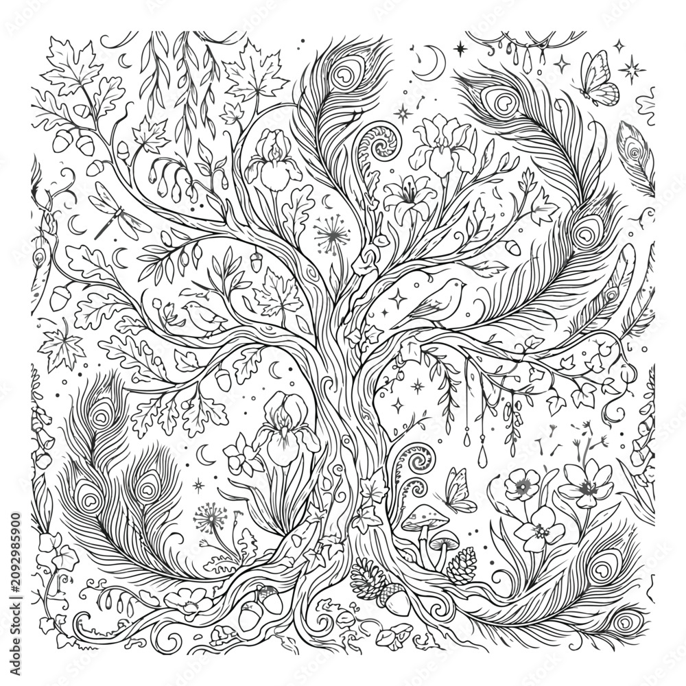 Fototapeta premium Intricate tree of life coloring page, mystical forest line art with peacock feathers and flowers, whimsical nature vector illustration for adults