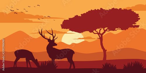 Sunset Savanna With Deer Silhouette Landscape Illustration