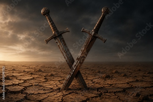 Two rusted longswords crossed and planted in cracked, dry earth.
