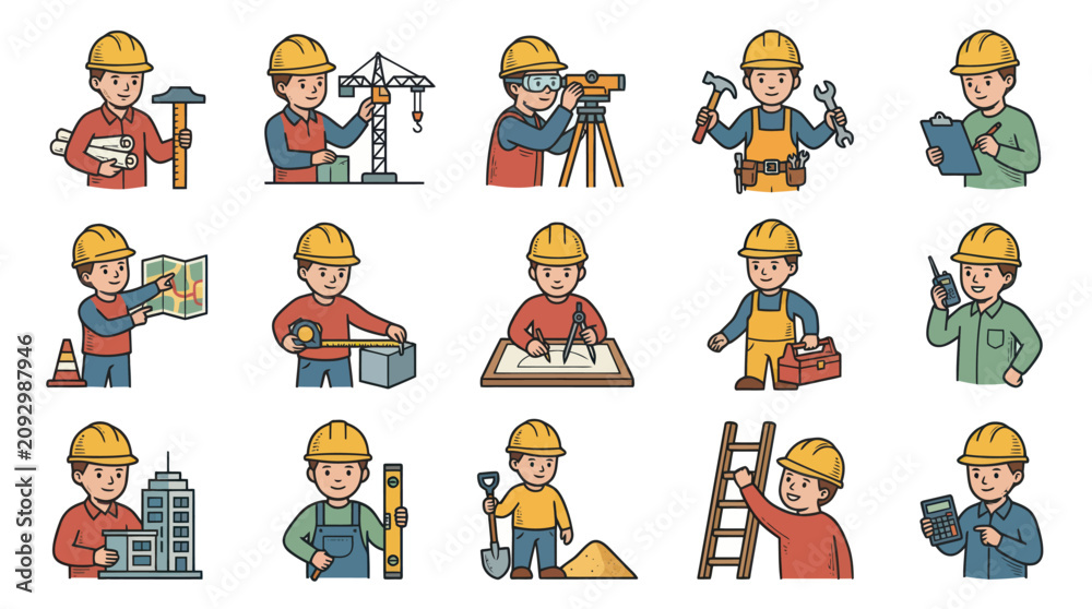 Fototapeta premium Construction worker icons: engineers, builders, surveyors with tools, blueprints, and equipment