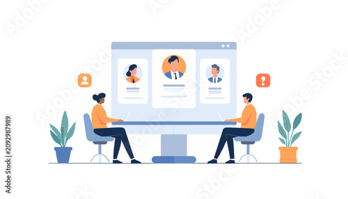 Obraz na płótnie Human resources team reviewing job candidate profiles on a computer screen illustration