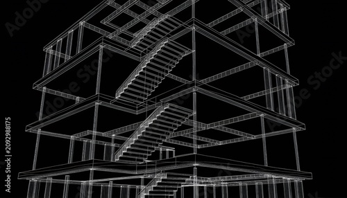 Modern wireframe multi level building structure with staircases