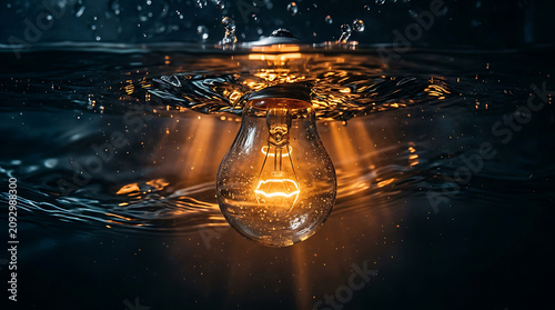 Illuminated incandescent light bulb submerged in rippling water with sunlight rays and droplets